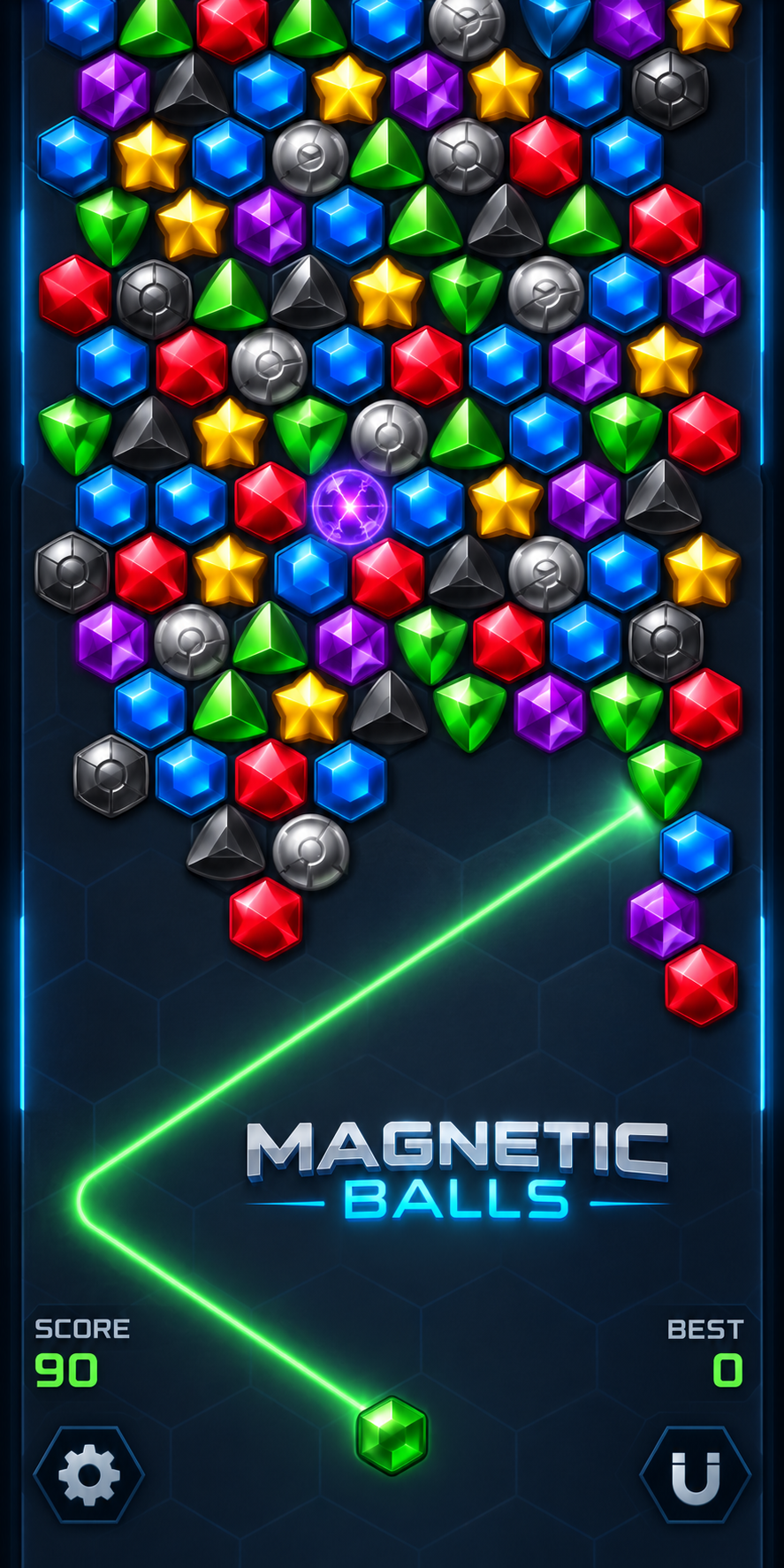 Imagem de uma partida de Magnetic Balls com bolas coloridas no tabuleiro